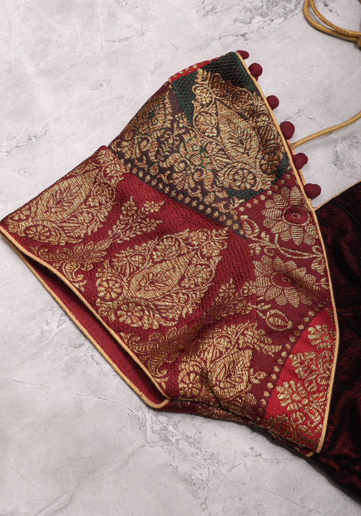 Burgundy Velvet and Banarasi brocade Sweetheart neck blouse, with potli button detailing on neckline, Made to Order