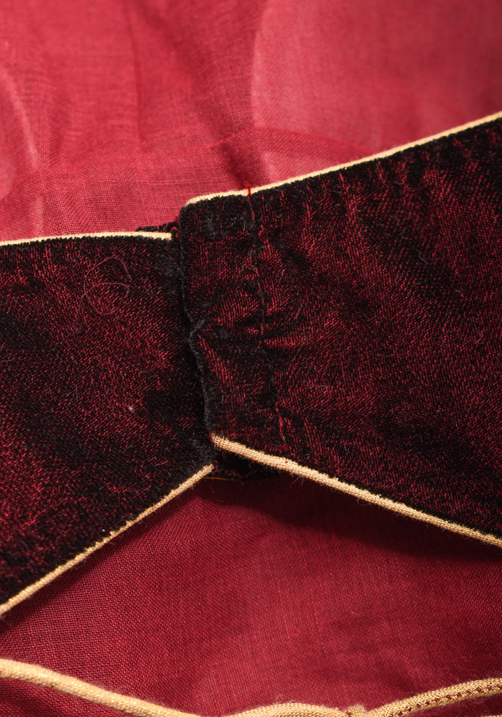 Burgundy Velvet and Banarasi brocade Sweetheart neck blouse, with potli button detailing on neckline, Made to Order