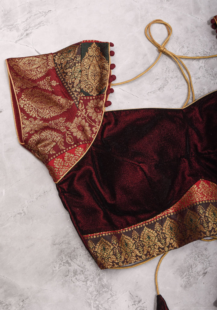 Burgundy Velvet and Banarasi brocade Sweetheart neck blouse, with potli button detailing on neckline, Made to Order