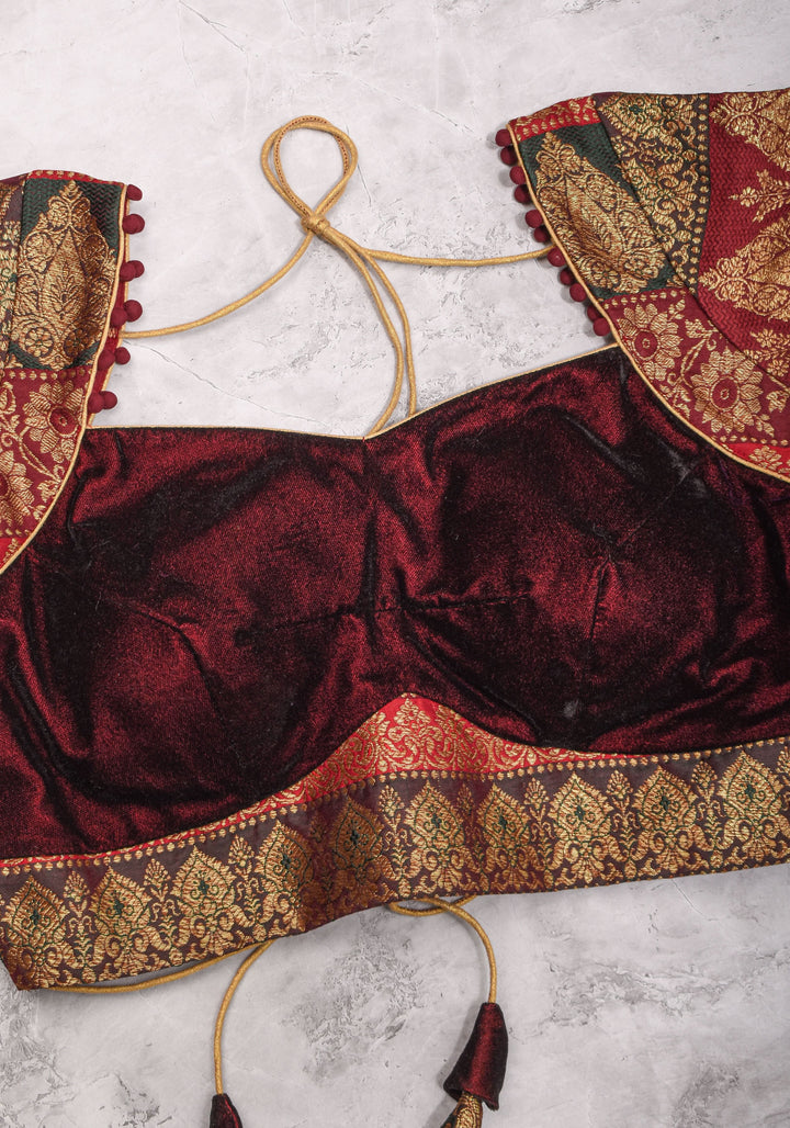 Burgundy Velvet and Banarasi brocade Sweetheart neck blouse, with potli button detailing on neckline, Made to Order