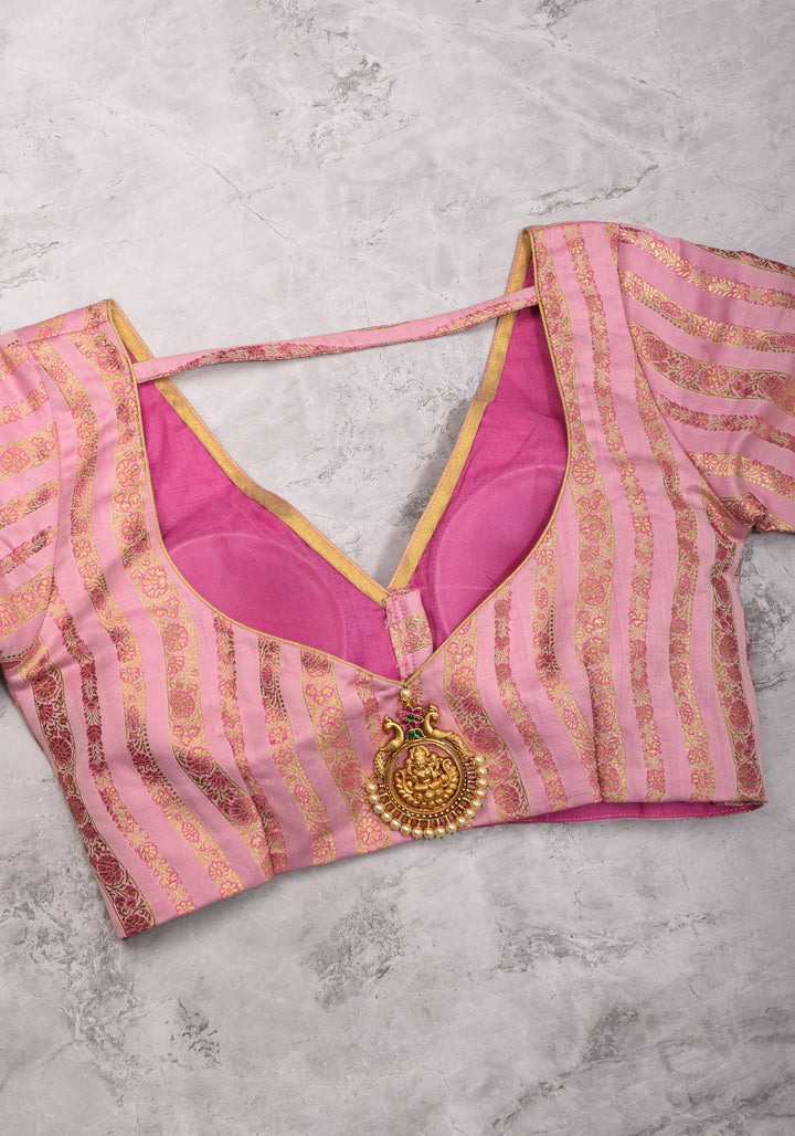 Thistle Banarasi brocade Stripes plunge neck blouse with full sleeves and Lakshmi jewel detailing, Made to Order