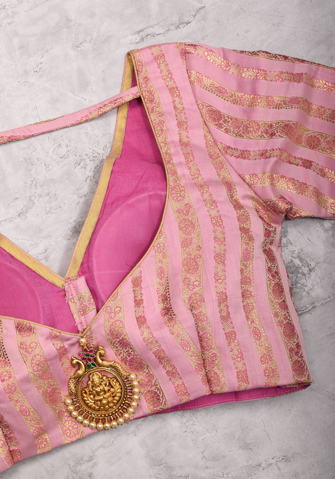 Thistle Banarasi brocade Stripes plunge neck blouse with full sleeves and Lakshmi jewel detailing, Made to Order