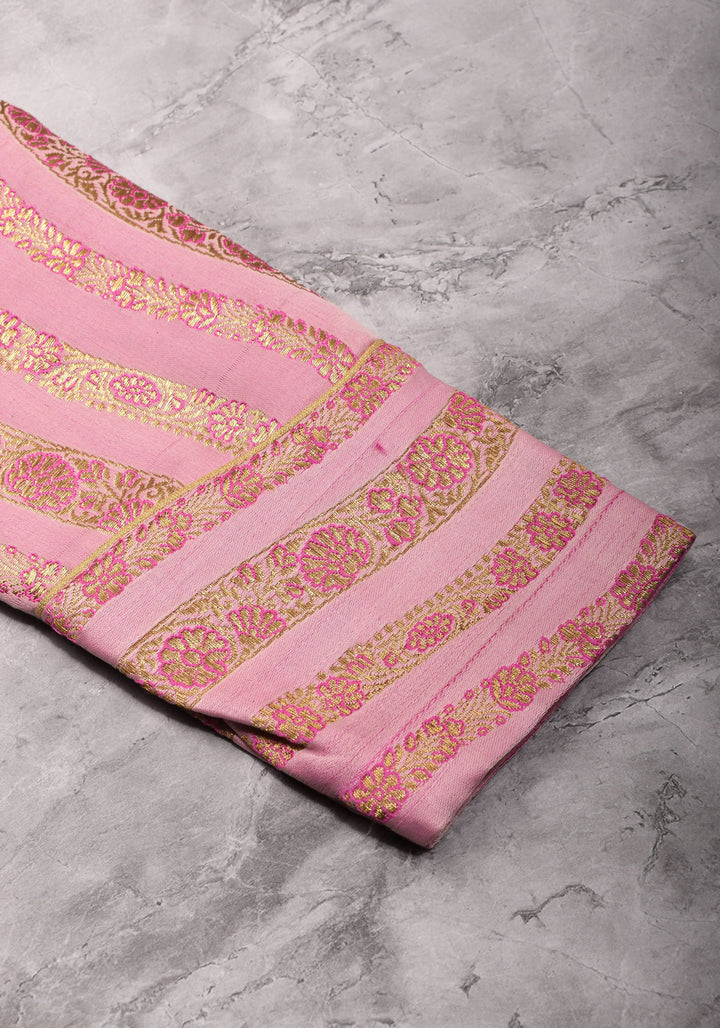Thistle Banarasi brocade Stripes plunge neck blouse with full sleeves and Lakshmi jewel detailing, Made to Order