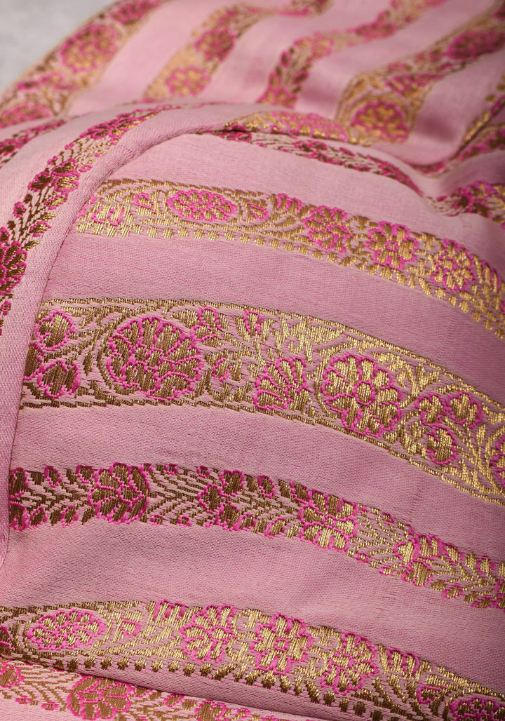 Thistle Banarasi brocade Stripes plunge neck blouse with full sleeves and Lakshmi jewel detailing, Made to Order