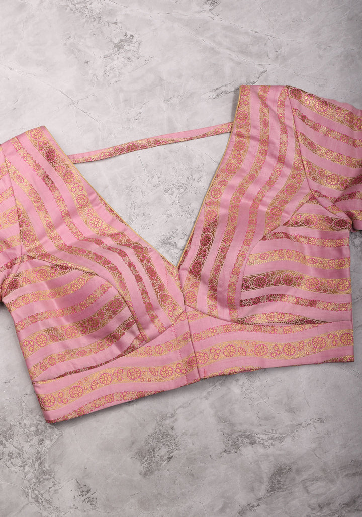 Thistle Banarasi brocade Stripes plunge neck blouse with full sleeves and Lakshmi jewel detailing, Made to Order