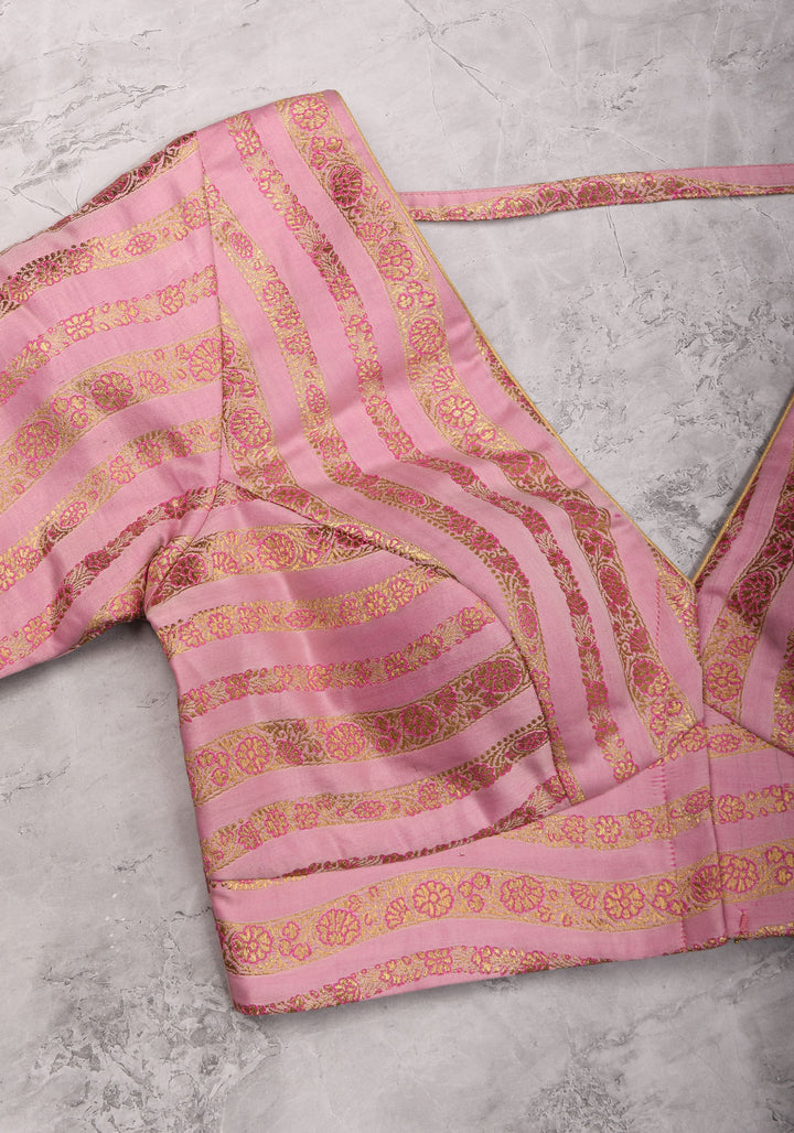 Thistle Banarasi brocade Stripes plunge neck blouse with full sleeves and Lakshmi jewel detailing, Made to Order