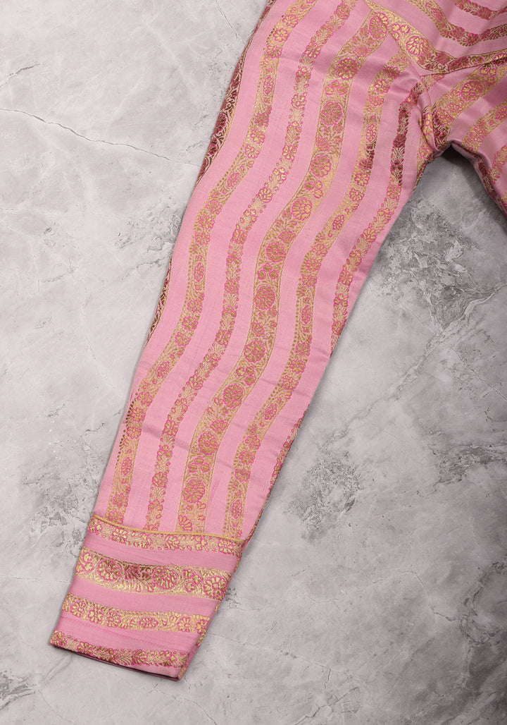 Thistle Banarasi brocade Stripes plunge neck blouse with full sleeves and Lakshmi jewel detailing, Made to Order