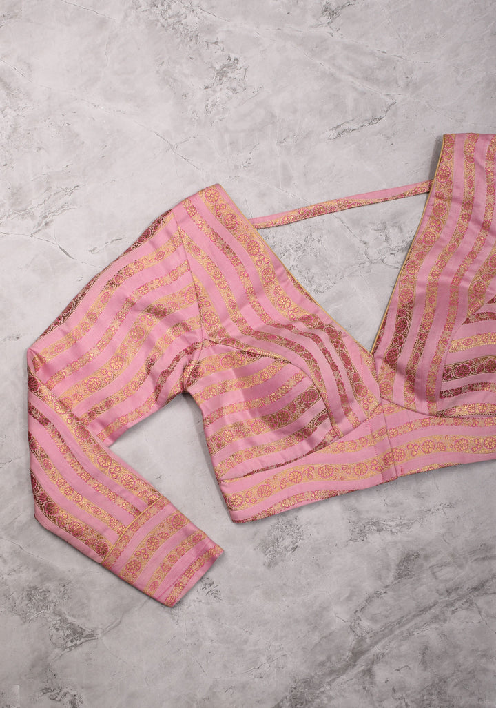 Thistle Banarasi brocade Stripes plunge neck blouse with full sleeves and Lakshmi jewel detailing, Made to Order