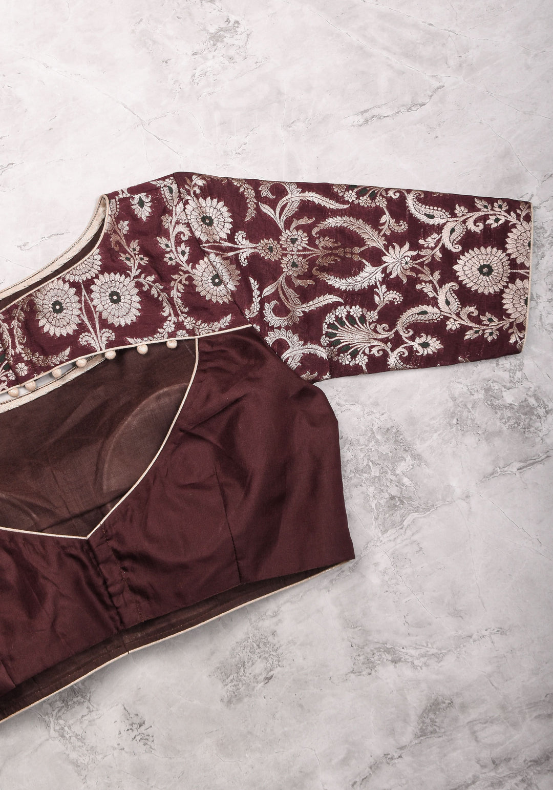 Maroon Silk with Banarasi Silver brocade Yoke with cutout design mix and match blouse for saree, Made to Order