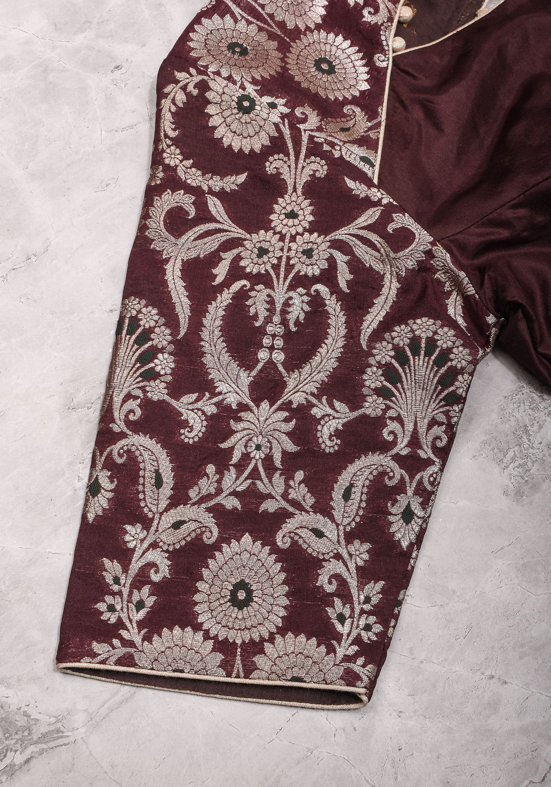 Maroon Silk with Banarasi Silver brocade Yoke with cutout design mix and match blouse for saree, Made to Order
