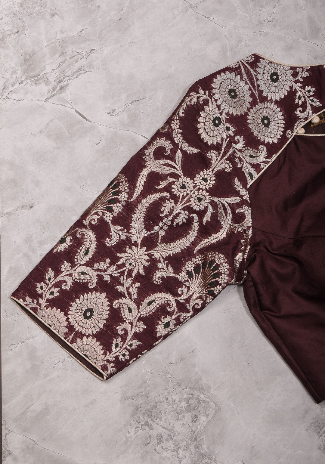 Maroon Silk with Banarasi Silver brocade Yoke with cutout design mix and match blouse for saree, Made to Order