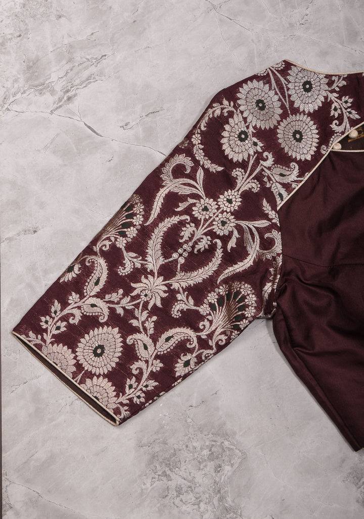 Maroon Silk with Banarasi Silver brocade Yoke with cutout design mix and match blouse for saree, Made to Order