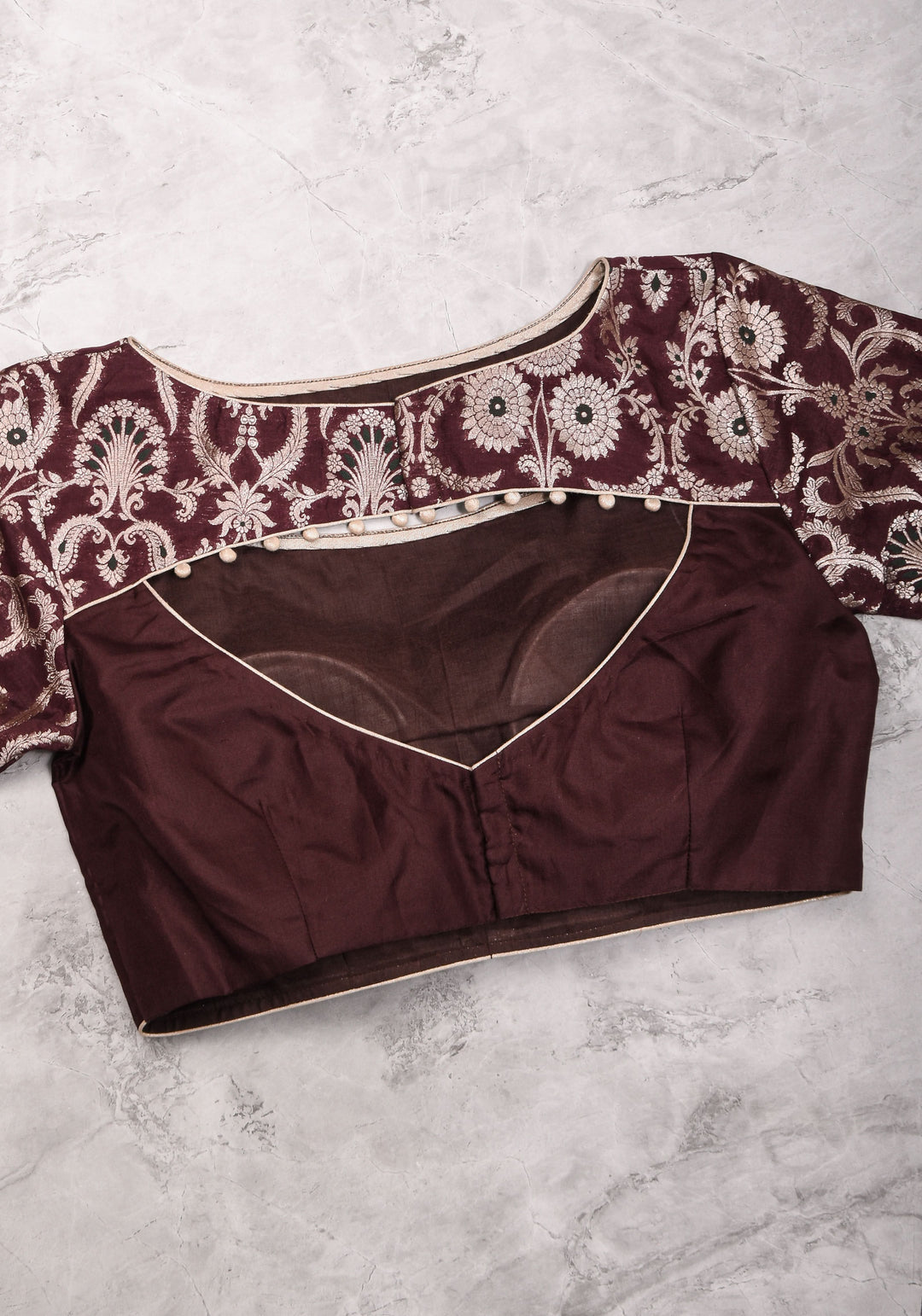Maroon Silk with Banarasi Silver brocade Yoke with cutout design mix and match blouse for saree, Made to Order