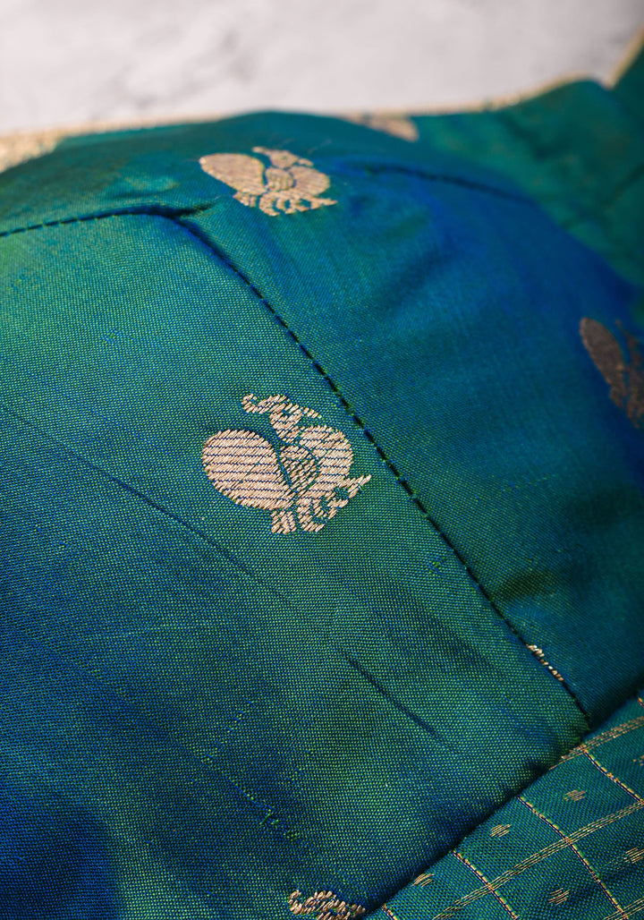 Pure Kanjivaram Silk Peacock Butti and checks Matka Neck Mix and Match Blouse for saree, Made to Order