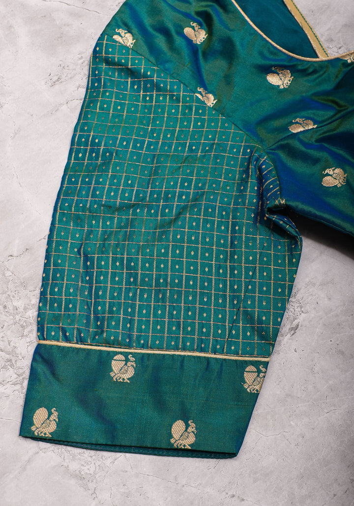 Pure Kanjivaram Silk Peacock Butti and checks Matka Neck Mix and Match Blouse for saree, Made to Order