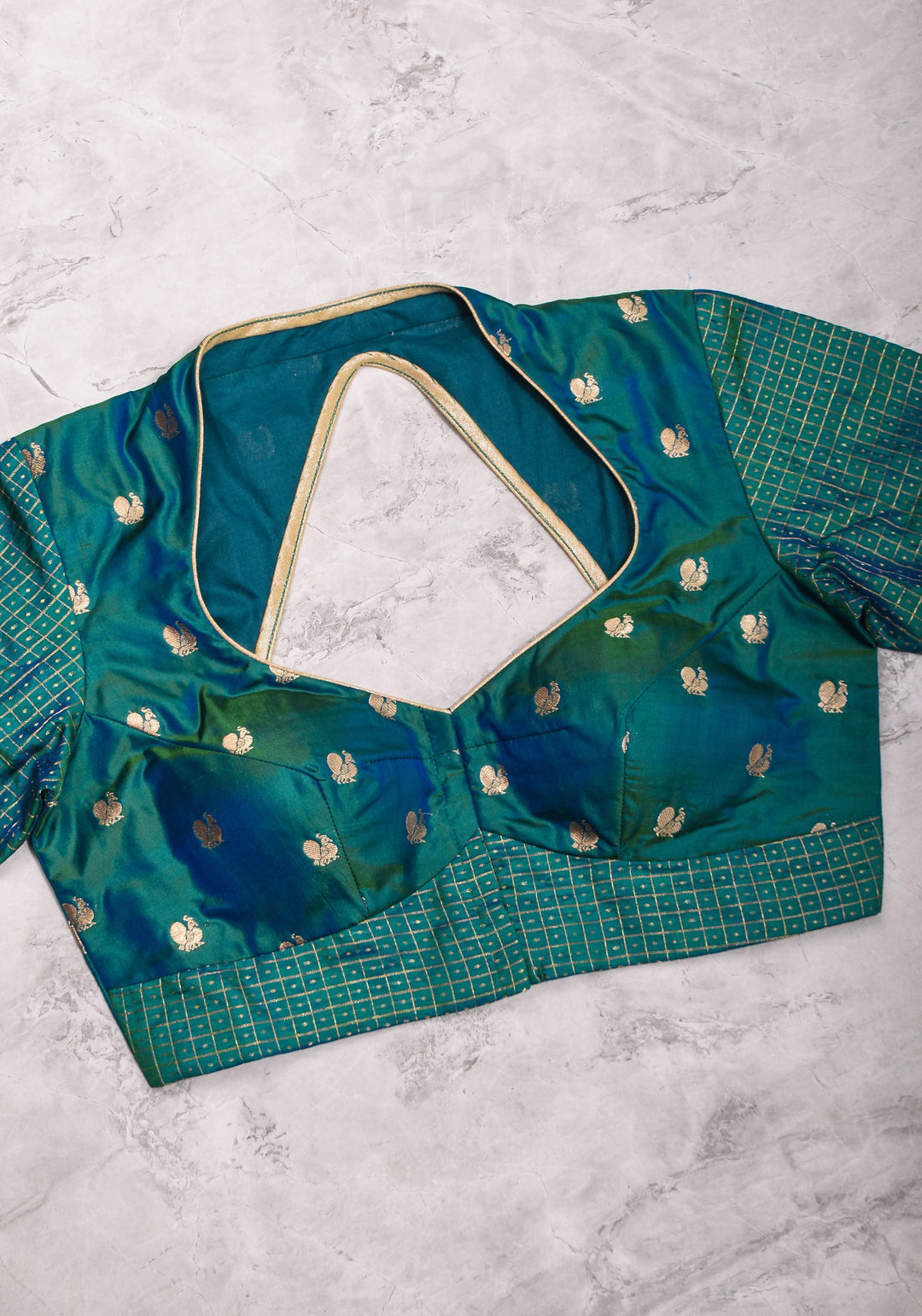Pure Kanjivaram Silk Peacock Butti and checks Matka Neck Mix and Match Blouse for saree, Made to Order