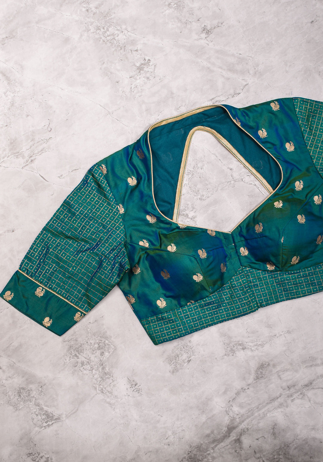 Pure Kanjivaram Silk Peacock Butti and checks Matka Neck Mix and Match Blouse for saree, Made to Order