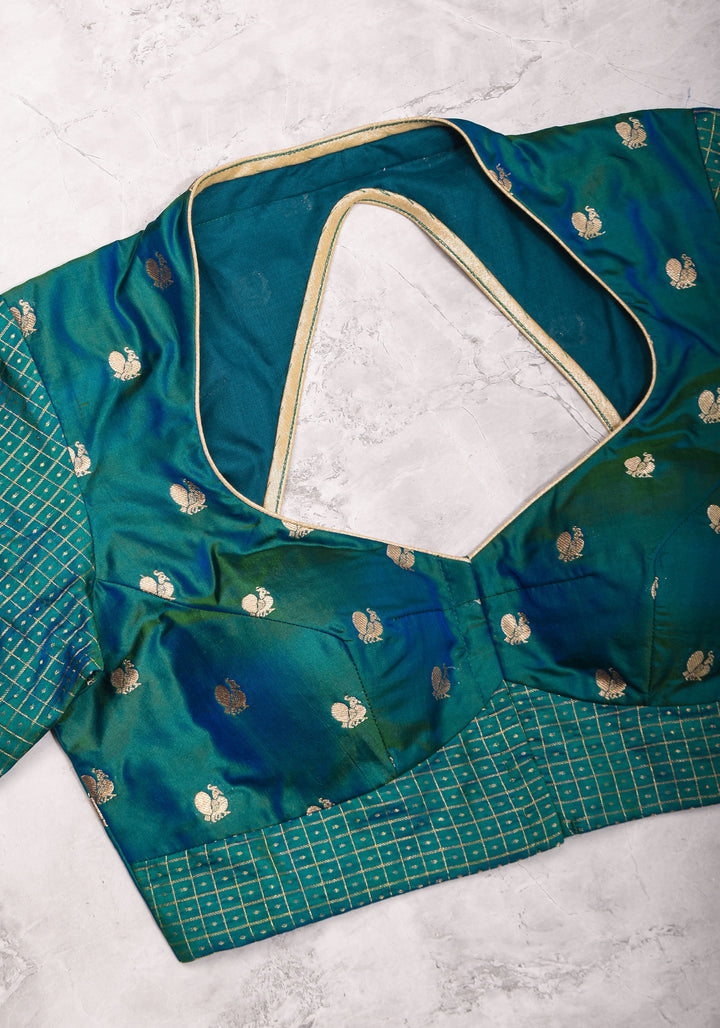 Pure Kanjivaram Silk Peacock Butti and checks Matka Neck Mix and Match Blouse for saree, Made to Order