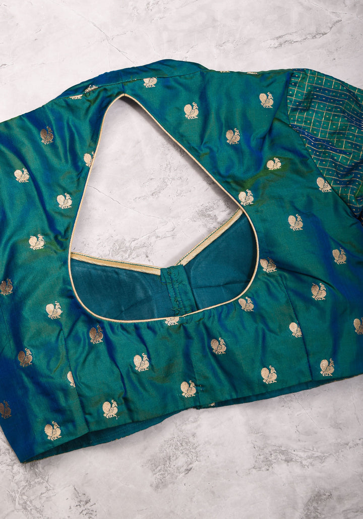 Pure Kanjivaram Silk Peacock Butti and checks Matka Neck Mix and Match Blouse for saree, Made to Order