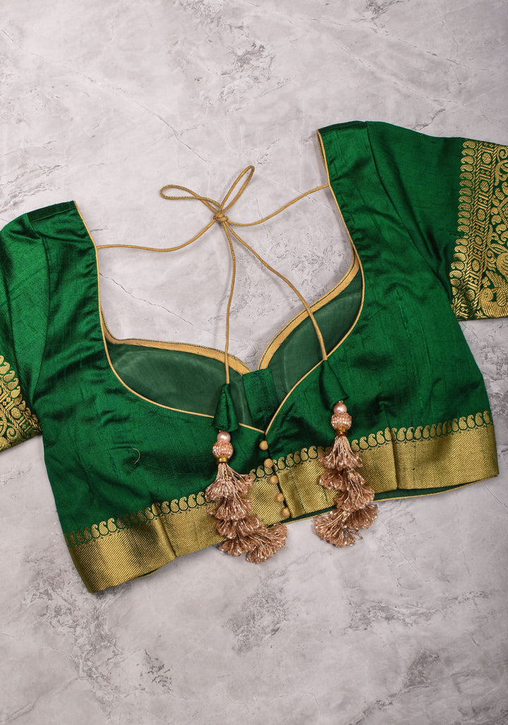 Green Pure Raw Silk Blouse with Leaf Neck, Choli Cut with Shikaargah zari border sleeves, Made to Order
