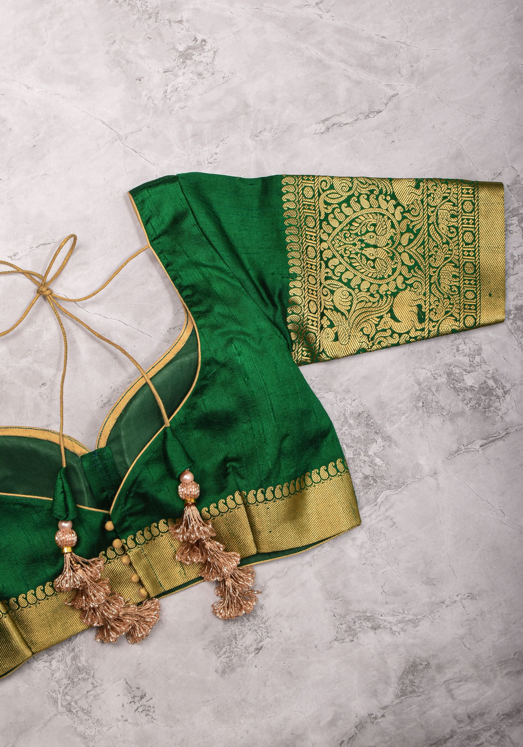 Green Pure Raw Silk Blouse with Leaf Neck, Choli Cut with Shikaargah zari border sleeves, Made to Order