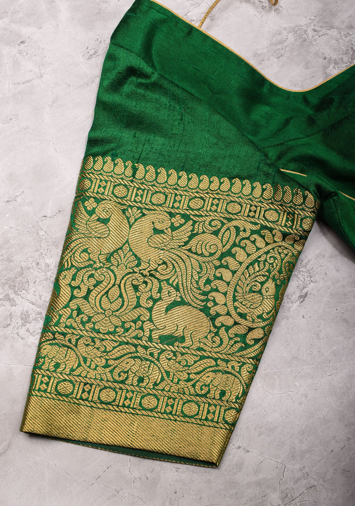 Green Pure Raw Silk Blouse with Leaf Neck, Choli Cut with Shikaargah zari border sleeves, Made to Order
