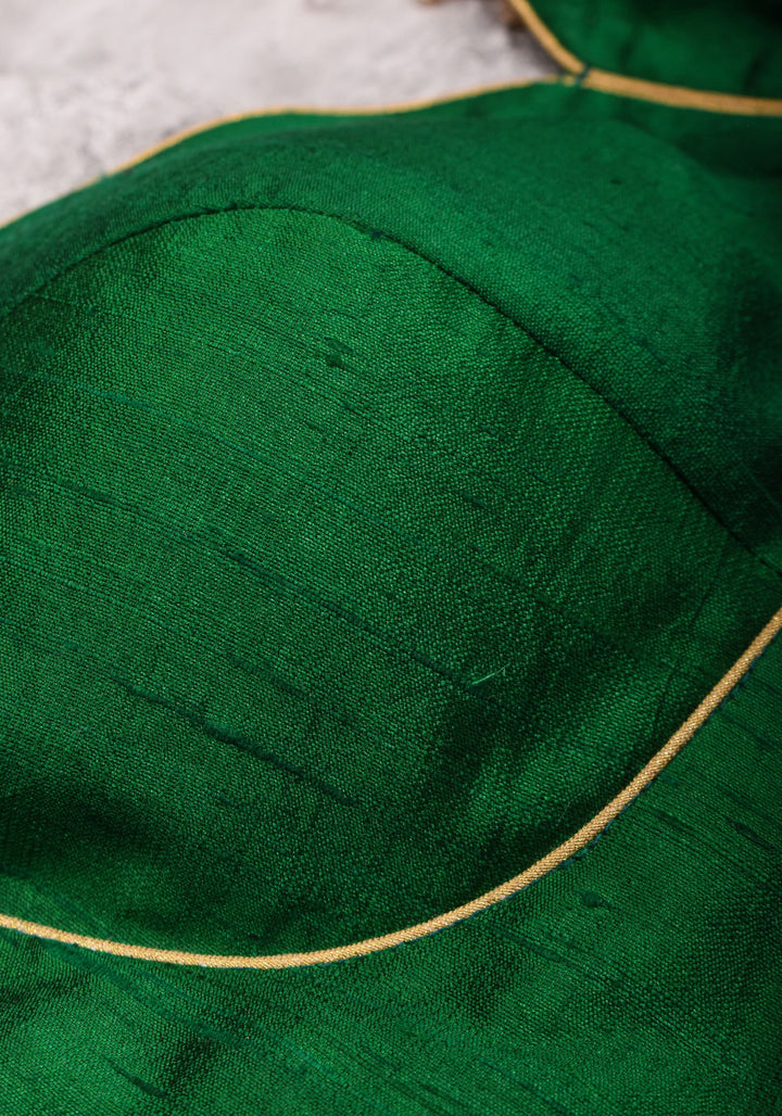 Green Pure Raw Silk Blouse with Leaf Neck, Choli Cut with Shikaargah zari border sleeves, Made to Order