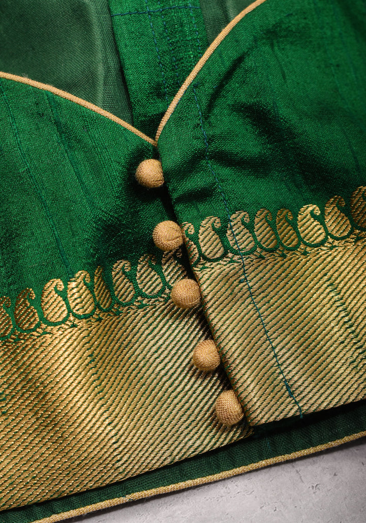 Green Pure Raw Silk Blouse with Leaf Neck, Choli Cut with Shikaargah zari border sleeves, Made to Order