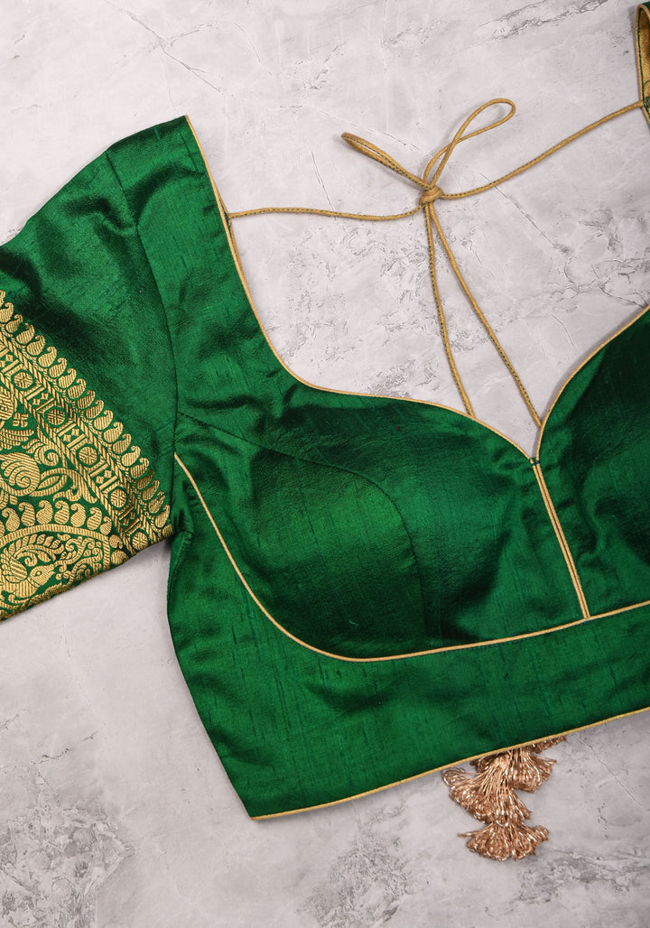 Green Pure Raw Silk Blouse with Leaf Neck, Choli Cut with Shikaargah zari border sleeves, Made to Order