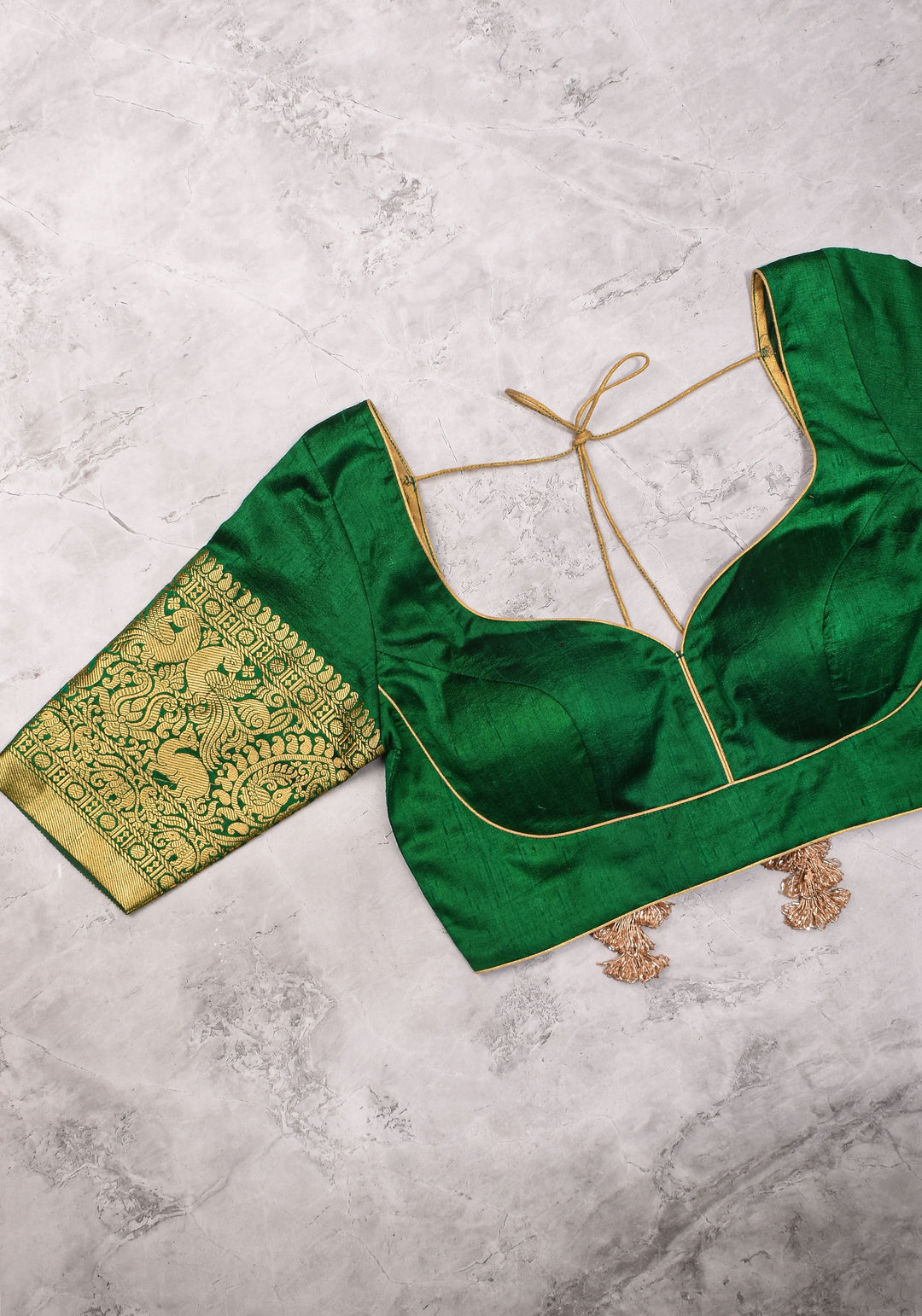 Green Pure Raw Silk Blouse with Leaf Neck, Choli Cut with Shikaargah zari border sleeves, Made to Order