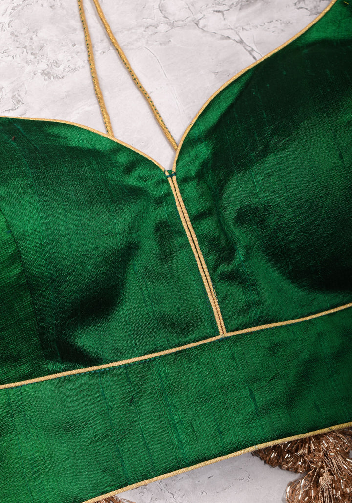 Green Pure Raw Silk Blouse with Leaf Neck, Choli Cut with Shikaargah zari border sleeves, Made to Order