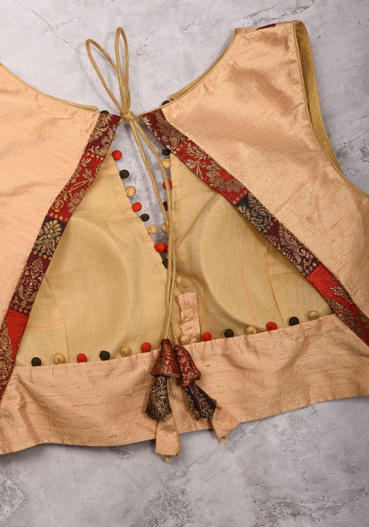 Ivory pure Raw silk blouse with Banarasi trim and potli button detailing,  sleeve option available, Made to Order