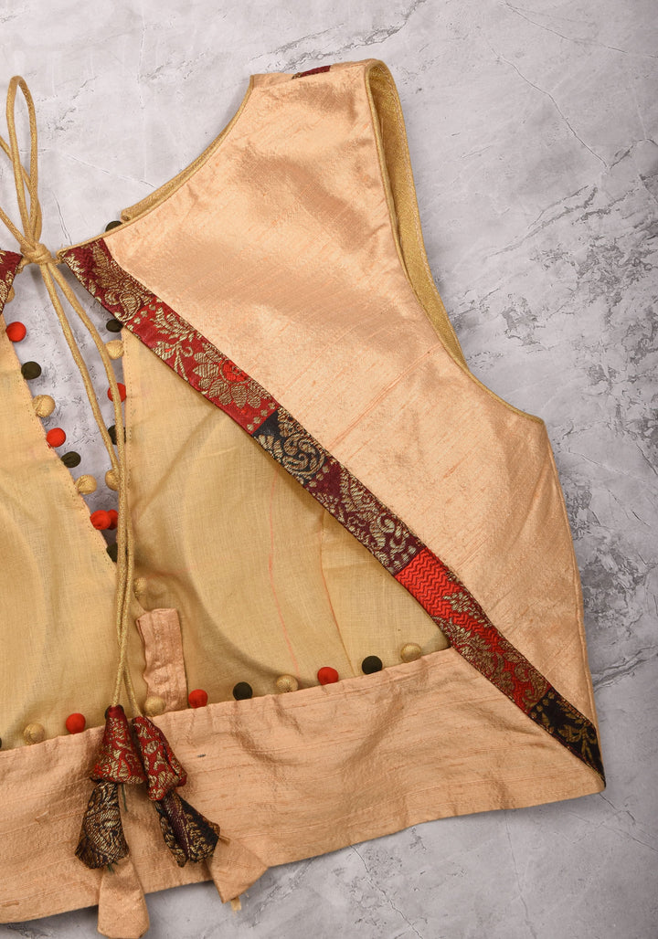 Ivory pure Raw silk blouse with Banarasi trim and potli button detailing,  sleeve option available, Made to Order