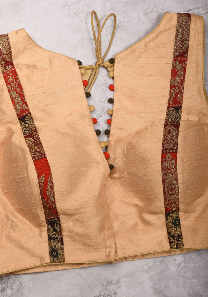 Ivory pure Raw silk blouse with Banarasi trim and potli button detailing,  sleeve option available, Made to Order