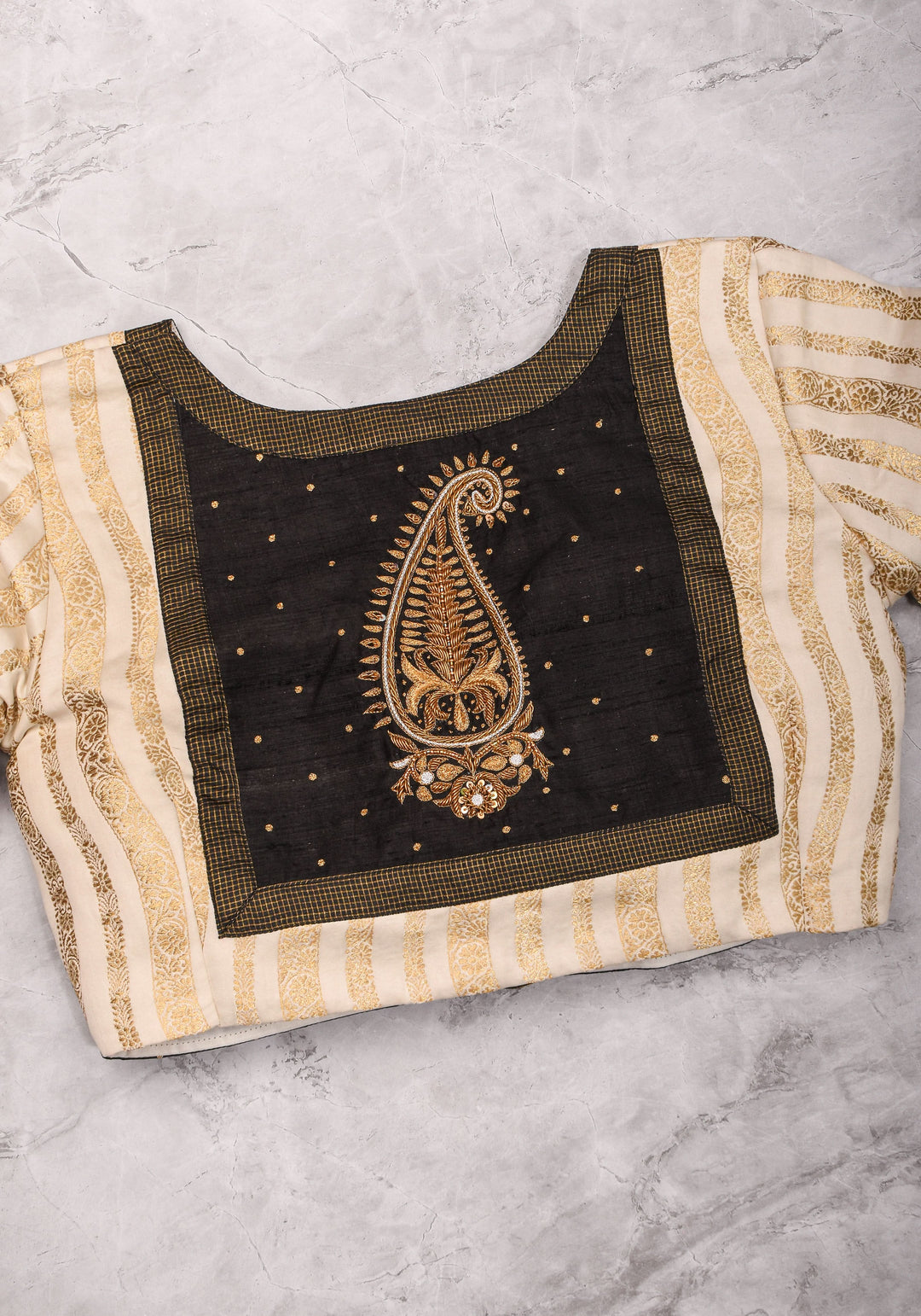 Ivory and Black Bandgala & Full sleeves blouse with Paisley Zardosi Hand embroidery, Made to Order