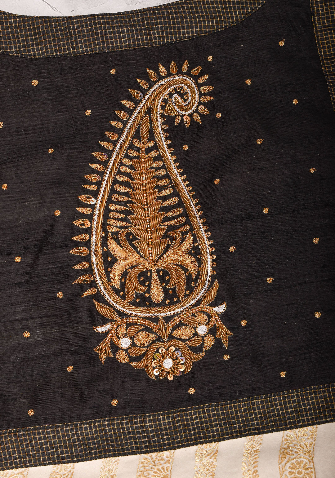 Ivory and Black Bandgala & Full sleeves blouse with Paisley Zardosi Hand embroidery, Made to Order