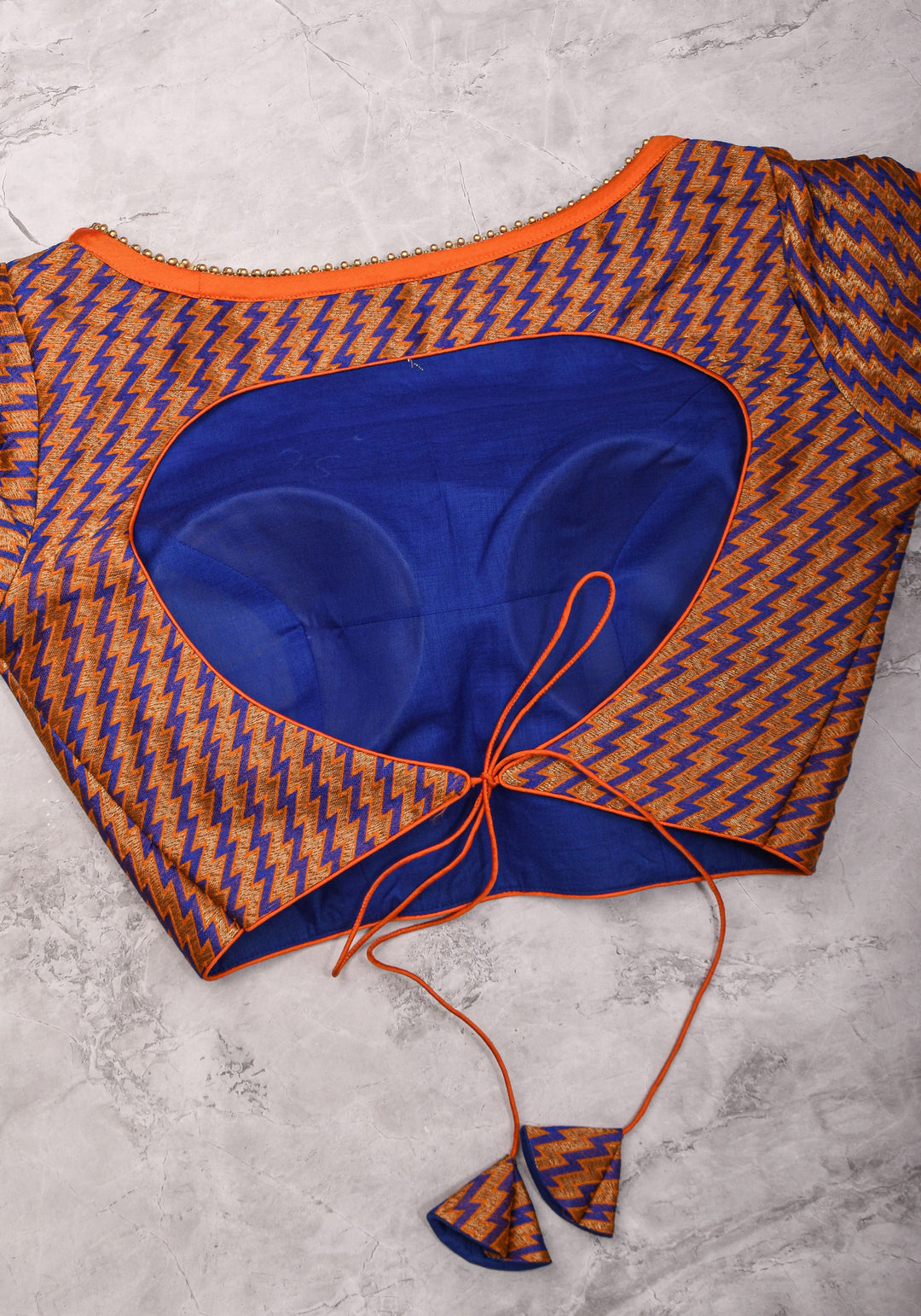 Purple Orange Jacquard brocade boat neck blouse with back detailing, Made to Order