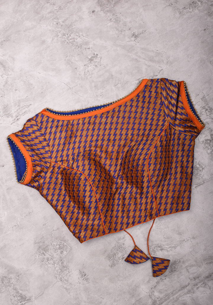 Purple Orange Jacquard brocade boat neck blouse with back detailing, Made to Order