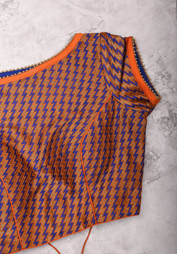 Purple Orange Jacquard brocade boat neck blouse with back detailing, Made to Order