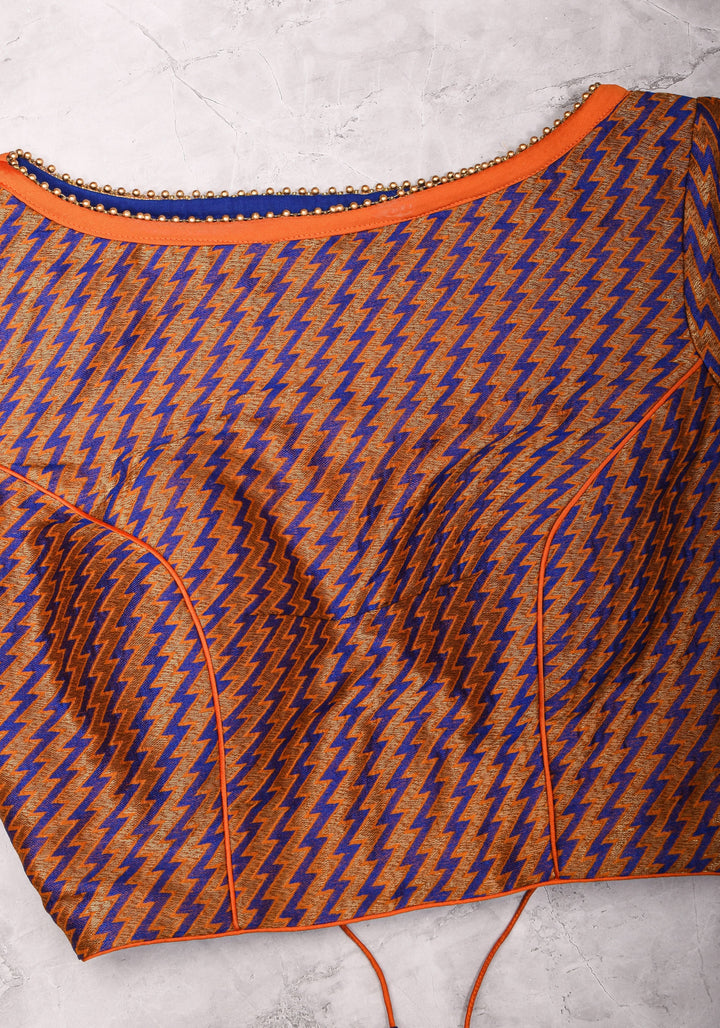 Purple Orange Jacquard brocade boat neck blouse with back detailing, Made to Order