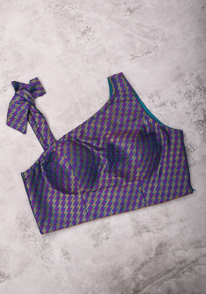 Purple Blue jacquard one shoulder blouse crop top, Made to Order