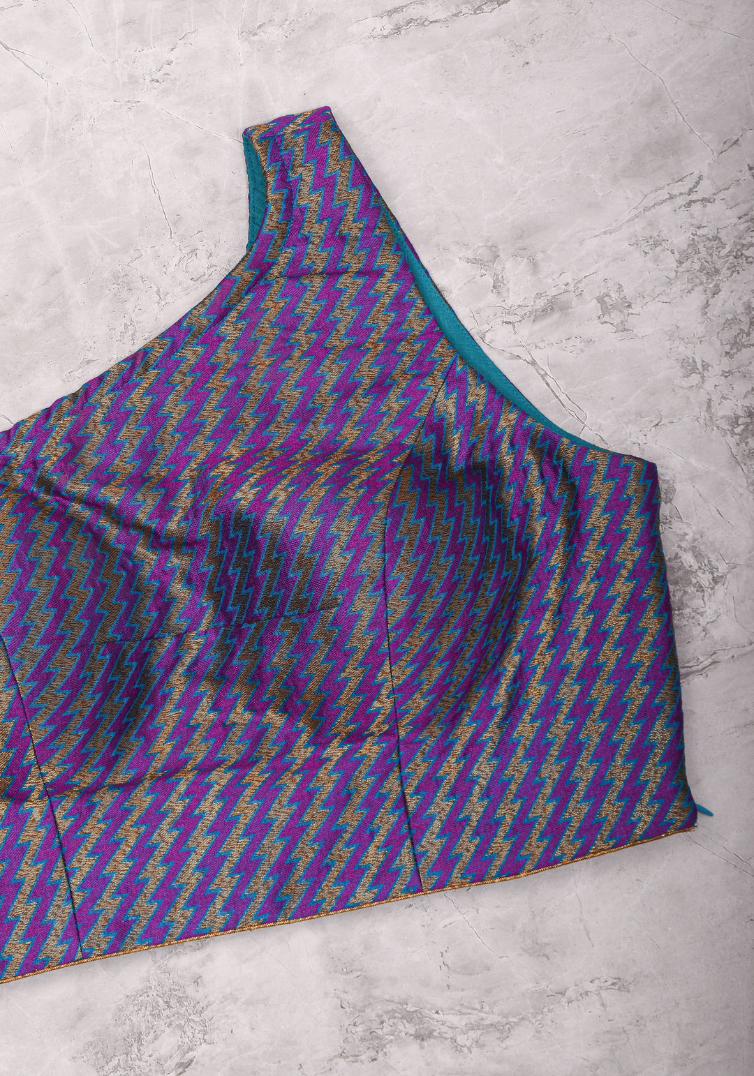 Purple Blue jacquard one shoulder blouse crop top, Made to Order