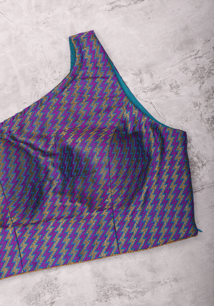 Purple Blue jacquard one shoulder blouse crop top, Made to Order