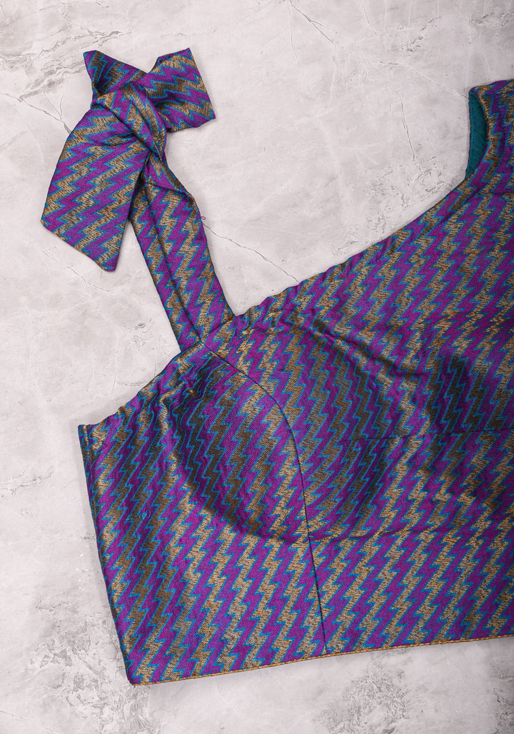 Purple Blue jacquard one shoulder blouse crop top, Made to Order