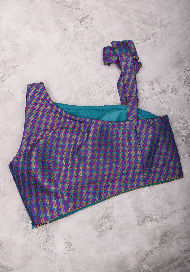 Purple Blue jacquard one shoulder blouse crop top, Made to Order