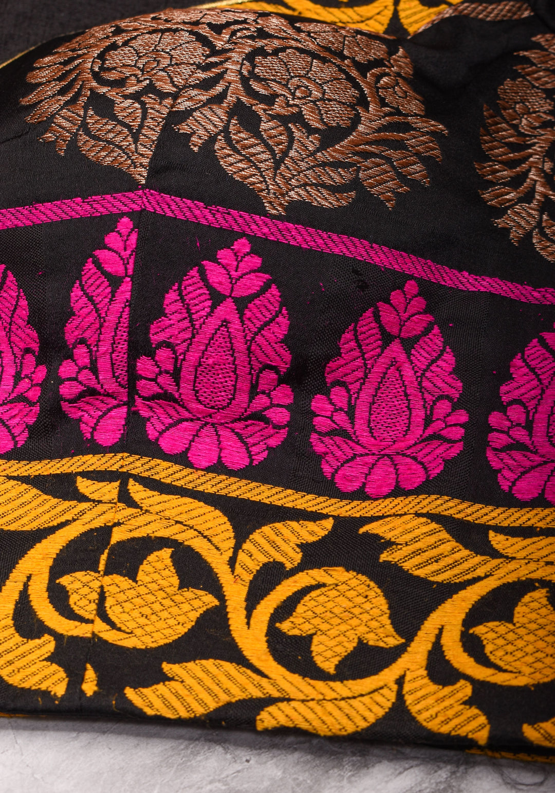 Black Pure Raw Silk with Meenakari Brocade Border V Neck Blouse, Made to Order