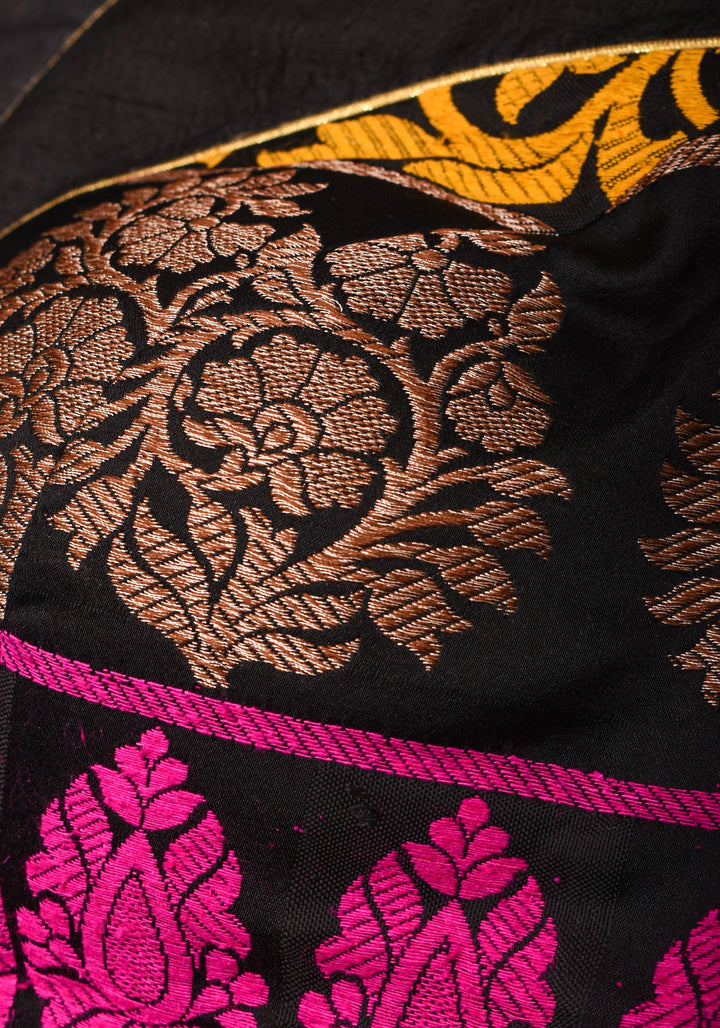 Black Pure Raw Silk with Meenakari Brocade Border V Neck Blouse, Made to Order