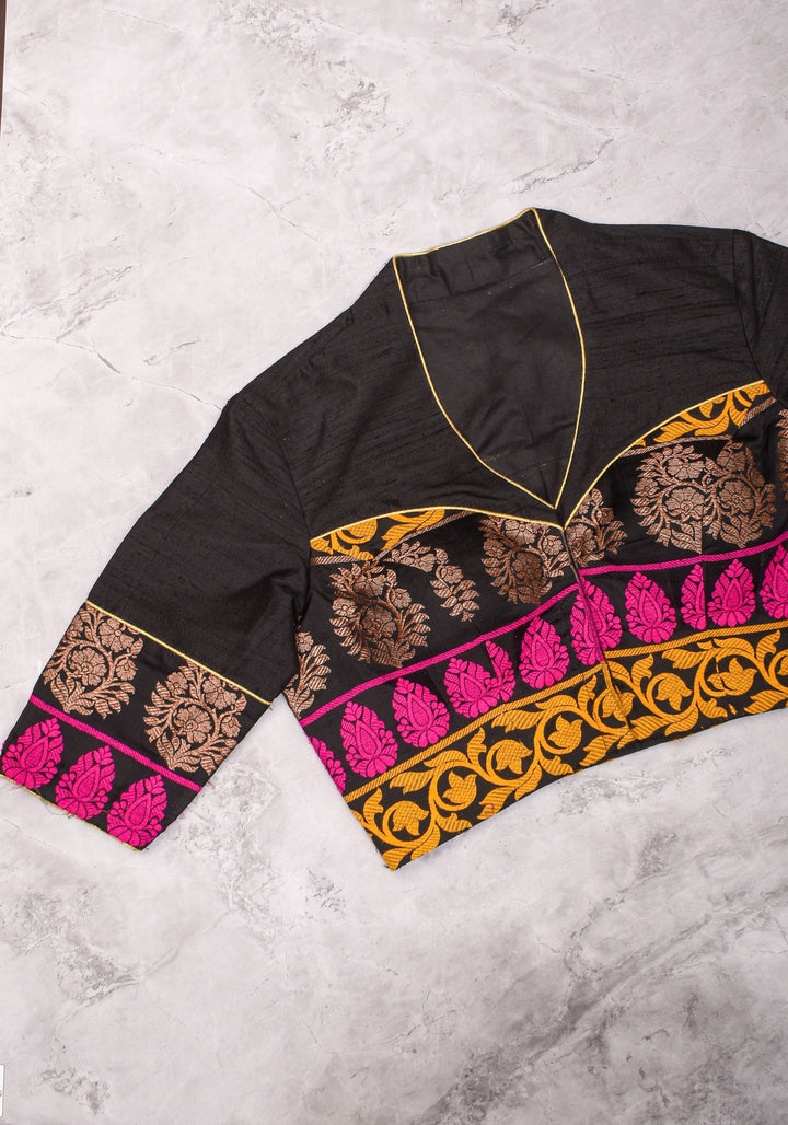 Black Pure Raw Silk with Meenakari Brocade Border V Neck Blouse, Made to Order