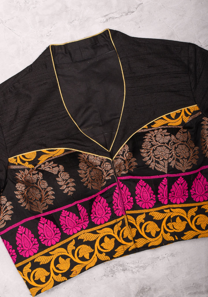 Black Pure Raw Silk with Meenakari Brocade Border V Neck Blouse, Made to Order