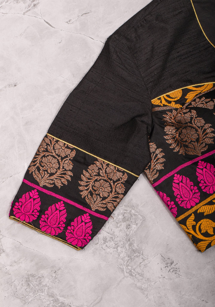 Black Pure Raw Silk with Meenakari Brocade Border V Neck Blouse, Made to Order